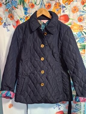 Lilly Pulitzer Navy Quilted Puffer Jacket with Colorful Lining Size Med